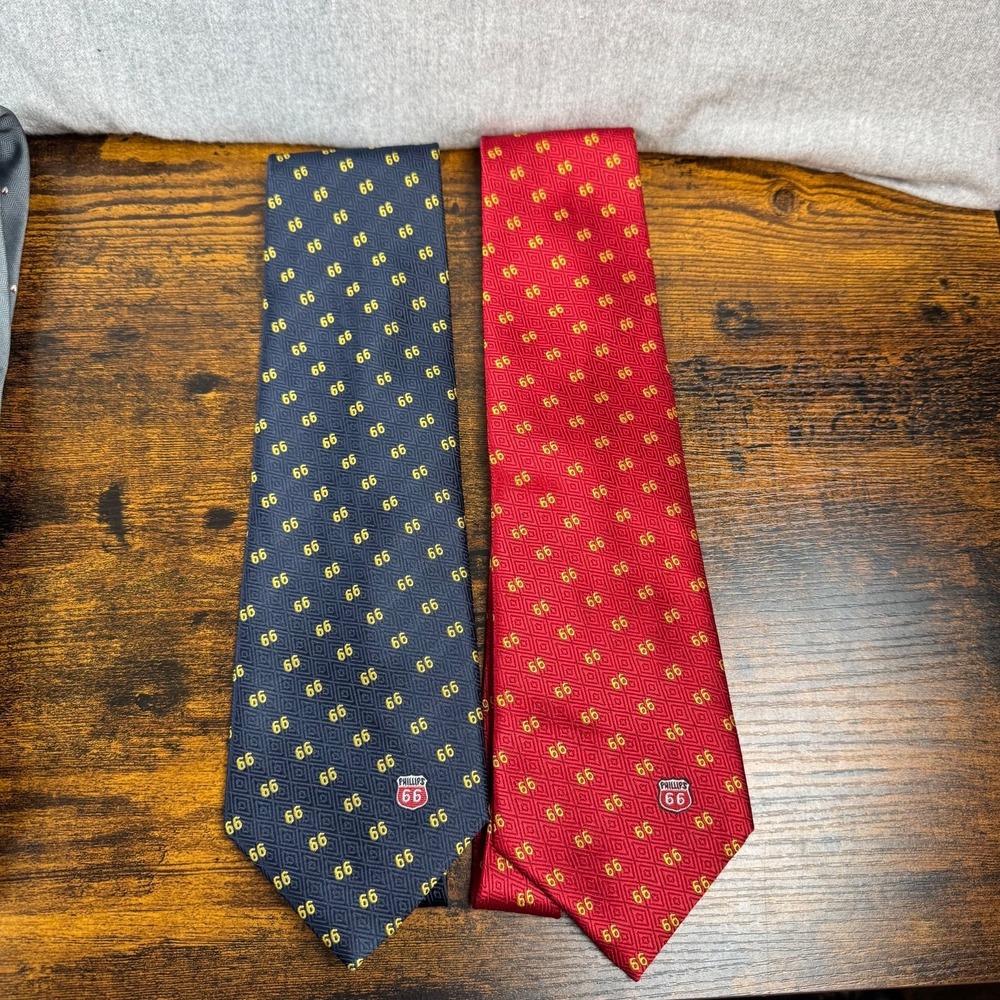 Phillips 66 Necktie Lot of 2 Mens Blue Red Logo Silk Vintage Gas Station 90s